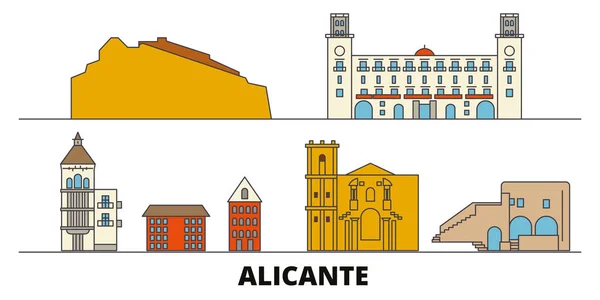 西班牙, 阿利坎特平面地标向量例证。西班牙, 阿利坎特线城市与著名的旅游景点, 天际线, 设计. — 图库矢量图片