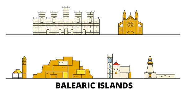 Испания, Балеарские острова плоские ориентиры векторная иллюстрация. Испания, Балеарские острова линейный город с известными туристическими достопримечательностями, горизонт, дизайн . — стоковый вектор