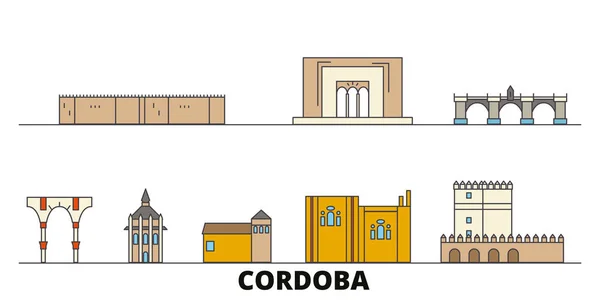 西班牙, 科尔多瓦平面矢量插图。西班牙, 科尔多瓦线城市与著名的旅游景点, 天际线, 设计. — 图库矢量图片