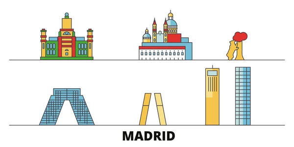 Espanha, Madrid City monumentos planos ilustração vetorial. Espanha, Madrid Cidade linha cidade com pontos turísticos de viagens famosas, horizonte, design . — Vetor de Stock
