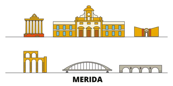 España, Mérida hito plano vector ilustración. España, ciudad de la línea de Mérida con lugares de interés turístico famosos, horizonte, diseño . — Vector de stock