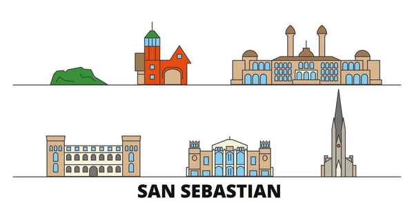 Spagna, San Sebastian flat landmarks vector illustration. Spagna, San Sebastian line city con famose attrazioni turistiche, skyline, design . — Vettoriale Stock