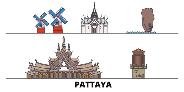 Tailandia, Pattaya plana monumentos vector ilustración. Tailandia, ciudad de la línea de Pattaya con lugares de interés turístico famosos, horizonte, diseño . — Vector de stock