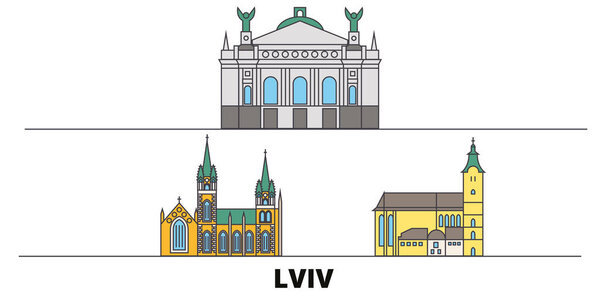 Ukraine, Lviv flat landmarks vector illustration. Ukraine, Lviv line city with famous travel sights, skyline, design. 