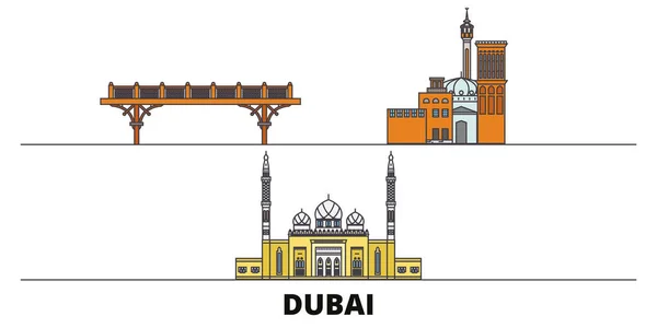 Emiratos Árabes Unidos, Dubai hito plano vector ilustración. Emiratos Árabes Unidos, Dubai line city con lugares de interés turístico famosos, horizonte, diseño . — Vector de stock