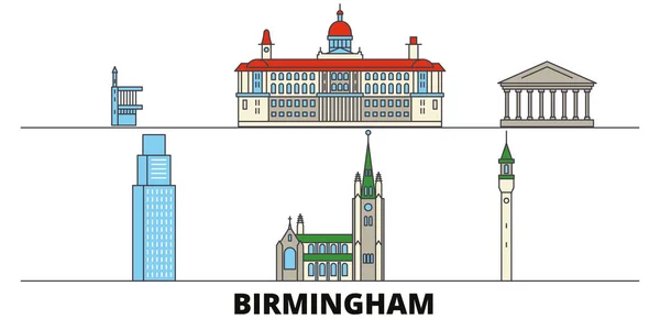 Reino Unido, Birmingham plano hito vector ilustración. Reino Unido, Birmingham line city con lugares de interés turístico famosos, horizonte, diseño . — Vector de stock