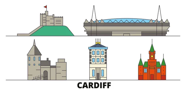 Storbritannien, Cardiff platt sevärdheter vektorillustration. Storbritannien, Cardiff linje city med berömda resa sevärdheter, skyline, design. — Stock vektor