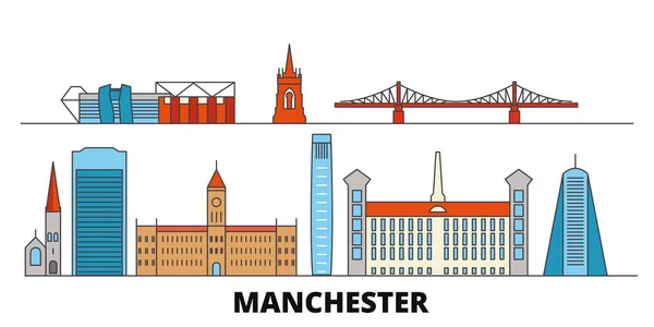 Regno Unito, Manchester flat landmarks vector illustration. Regno Unito, Manchester line city con famose attrazioni turistiche, skyline, design . — Vettoriale Stock