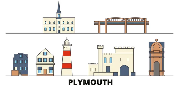 Reino Unido, Plymouth flat landmarks vector illustration. Reino Unido, Plymouth line city con lugares de interés turístico famosos, horizonte, diseño . — Vector de stock