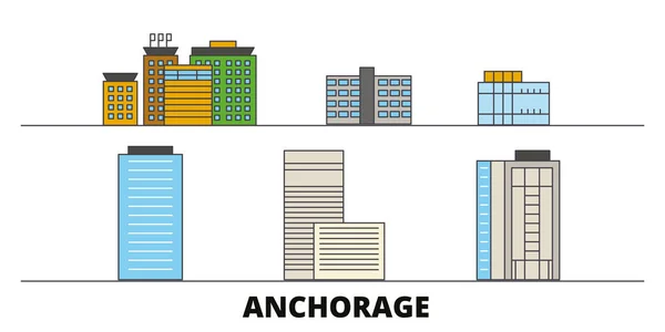 Estados Unidos, ilustración vectorial de puntos de referencia planos Anchorage. Estados Unidos, ciudad de la línea de anclaje con lugares de interés turístico famosos, horizonte, diseño . — Vector de stock