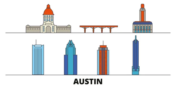 Spojené státy, Austin plochý památky vektorové ilustrace. Spojené státy, Austin linie město slavných cestovních památky, Panorama, design. — Stockový vektor