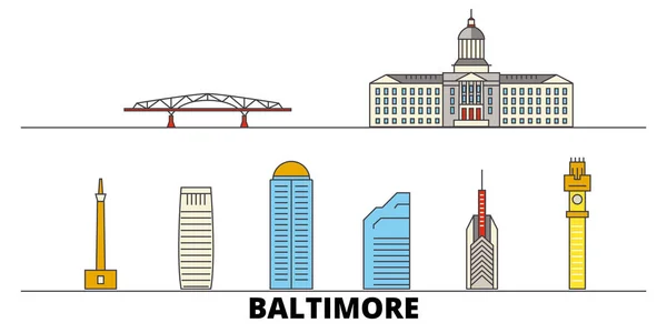 Spojené státy, Baltimore plochý památky vektorové ilustrace. Spojené státy, Baltimore linie město slavných cestovních památky, Panorama, design. — Stockový vektor