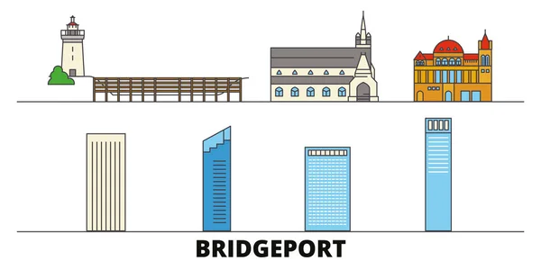 Estados Unidos, ilustración vectorial de monumentos planos de Bridgeport. Estados Unidos, Bridgeport ciudad línea con lugares de interés turístico famosos, horizonte, diseño . — Vector de stock