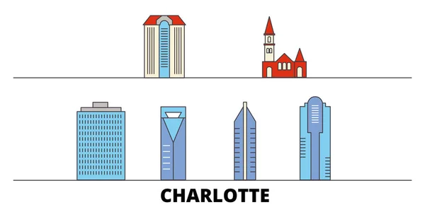 Vereinigte Staaten, Charlotte flache Landmarken Vektorillustration. Vereinigte Staaten, Charlotte Line City mit berühmten Reisesehenswürdigkeiten, Skyline, Design. — Stockvektor