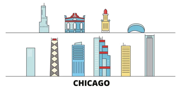 Verenigde Staten, platte bezienswaardigheden van Chicago vector illustratie. Verenigde Staten, Chicago lijn stad met beroemde reizen bezienswaardigheden, skyline, design. — Stockvector