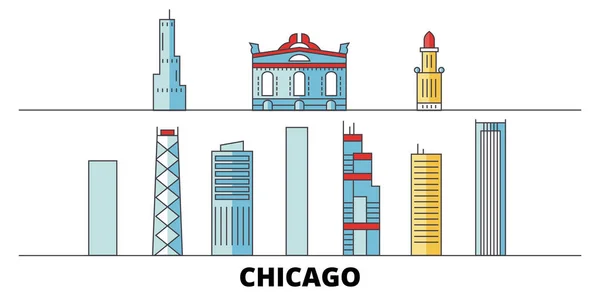 アメリカ合衆国シカゴ市フラット ランドマーク ベクトル イラストです。アメリカ合衆国、シカゴ市、有名な旅行観光スポット、スカイライン、デザイン線. — ストックベクタ