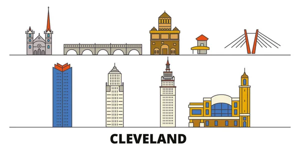 Verenigde Staten, Cleveland platte bezienswaardigheden vector illustratie. Verenigde Staten, Cleveland lijn stad met beroemde reizen bezienswaardigheden, skyline, design. — Stockvector