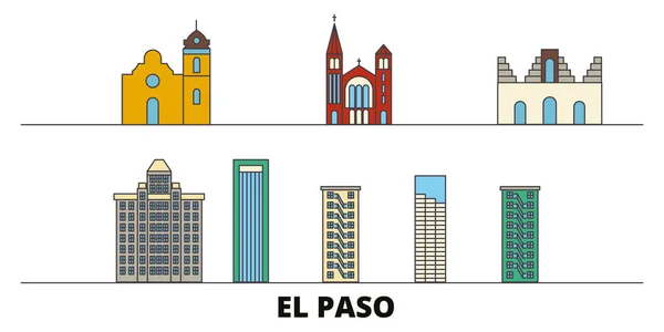 Estados Unidos, ilustración vectorial de monumentos planos de El Paso. Estados Unidos, ciudad línea de El Paso con lugares de interés turístico famosos, horizonte, diseño . — Vector de stock