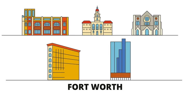 Stati Uniti, Fort Worth flat landmarks vector illustration. Stati Uniti, Fort Worth line city con famose attrazioni turistiche, skyline, design . — Vettoriale Stock