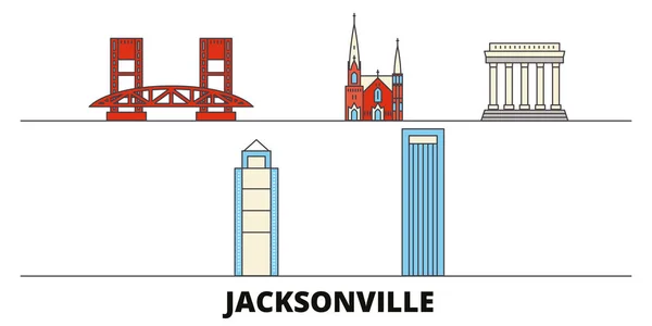 United States, Jacksonville flat landmarks vector illustration. Estados Unidos, Jacksonville line city con lugares de interés turístico famosos, horizonte, diseño . — Archivo Imágenes Vectoriales