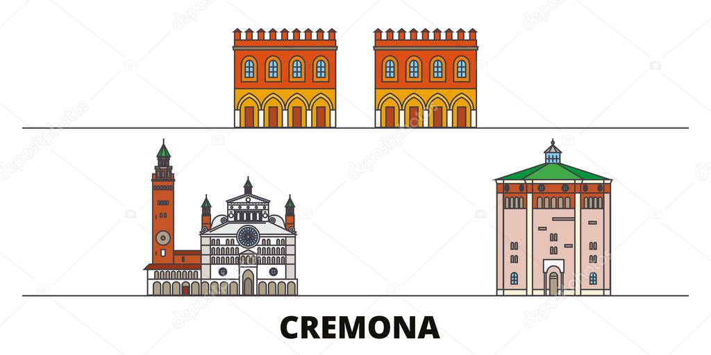 Italy, Cremona flat landmarks vector illustration. Italy, Cremona line city with famous travel sights, skyline, design. 