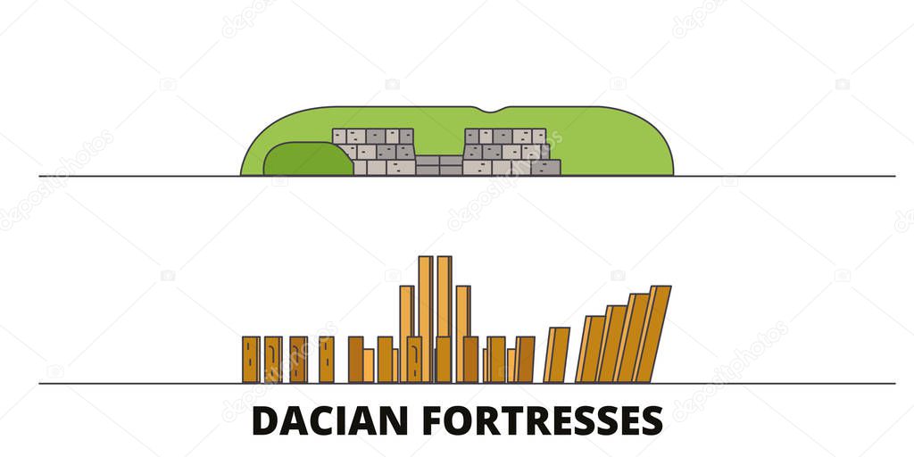 Romania, Dacian Fortresses, Orastie Mountains flat landmarks vector illustration. Romania, Dacian Fortresses, Orastie Mountains line city with famous travel sights, skyline, design. 