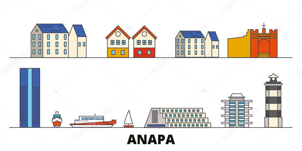 Russia, Anapa flat landmarks vector illustration. Russia, Anapa line city with famous travel sights, skyline, design. 