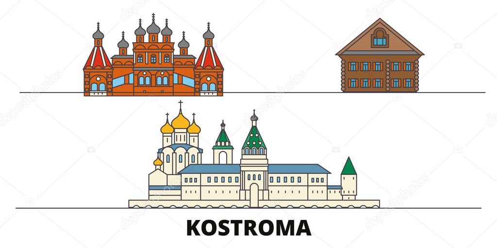 Russia, Kostroma flat landmarks vector illustration. Russia, Kostroma line city with famous travel sights, skyline, design. 