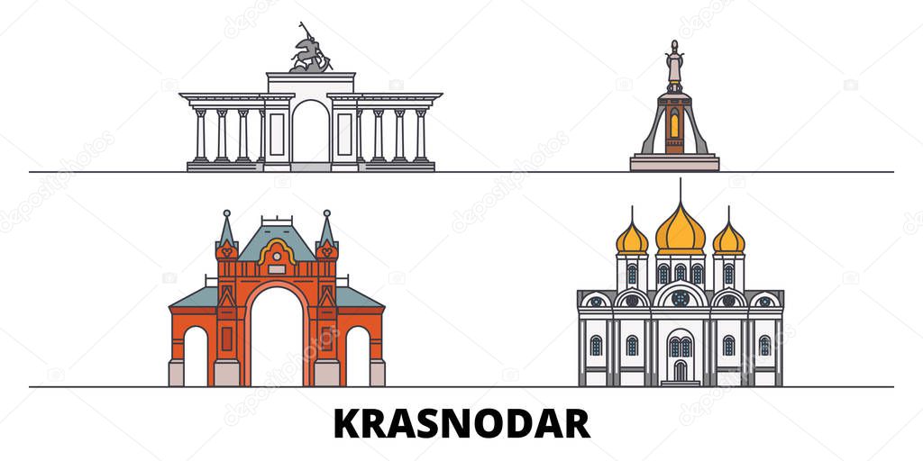 Russia, Krasnodar flat landmarks vector illustration. Russia, Krasnodar line city with famous travel sights, skyline, design. 