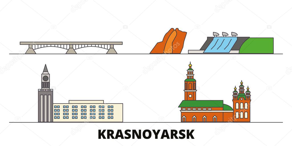 Russia, Krasnoyarsk flat landmarks vector illustration. Russia, Krasnoyarsk line city with famous travel sights, skyline, design. 