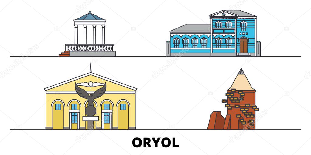 Russia, Oryol flat landmarks vector illustration. Russia, Oryol line city with famous travel sights, skyline, design. 