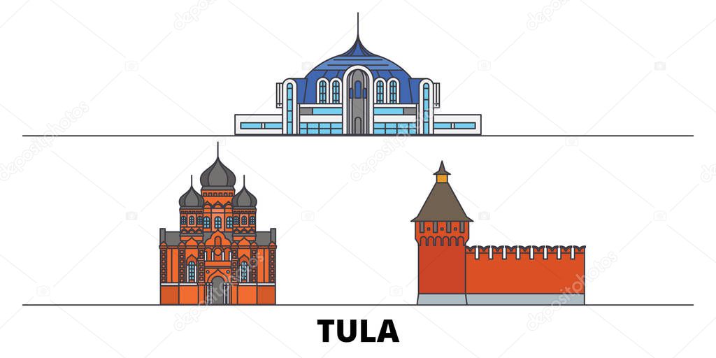 Russia, Tula flat landmarks vector illustration. Russia, Tula line city with famous travel sights, skyline, design. 