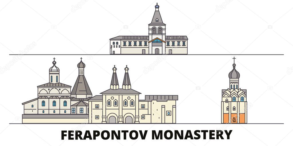 Russia, Vologda, Ferapontov Monastery flat landmarks vector illustration. Russia, Vologda, Ferapontov Monastery line city with famous travel sights, skyline, design. 