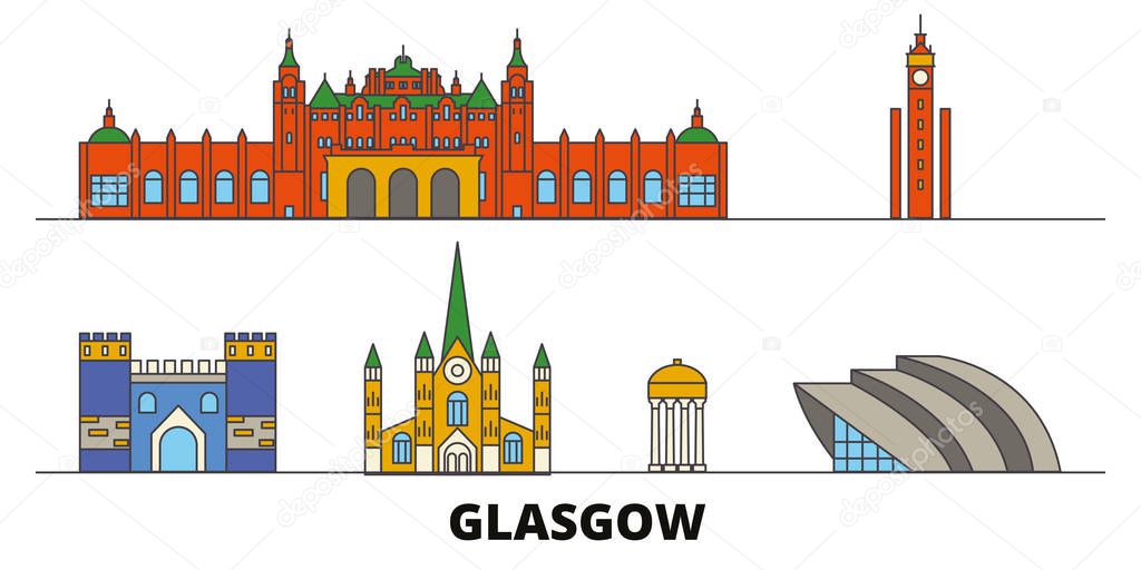 Scotland, Glasgow City flat landmarks vector illustration. Scotland, Glasgow City line city with famous travel sights, skyline, design. 