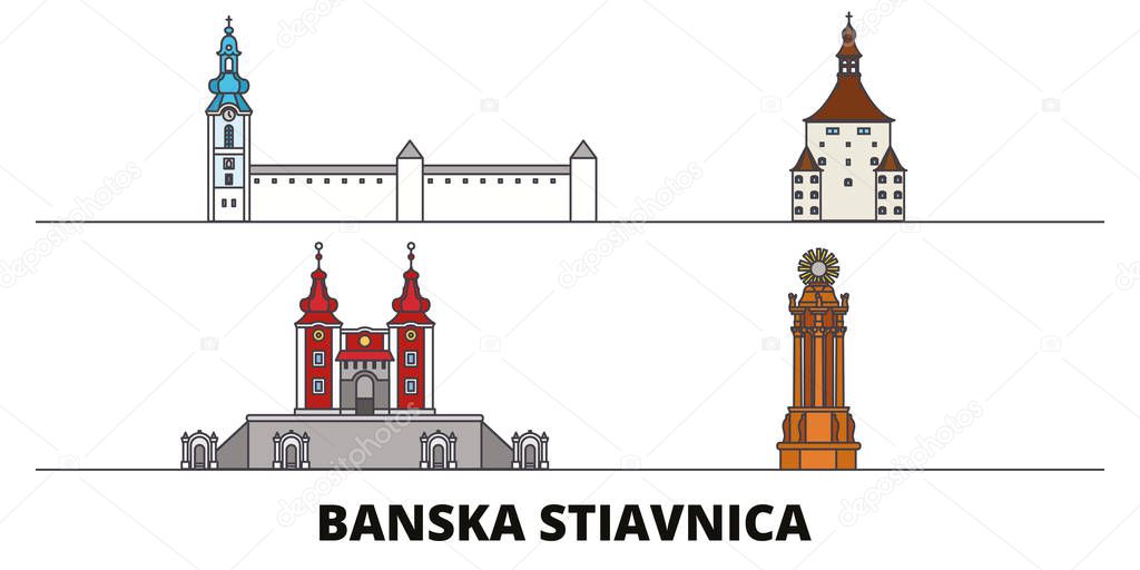 Slovakia, Banska Stiavnica flat landmarks vector illustration. Slovakia, Banska Stiavnica line city with famous travel sights, skyline, design. 