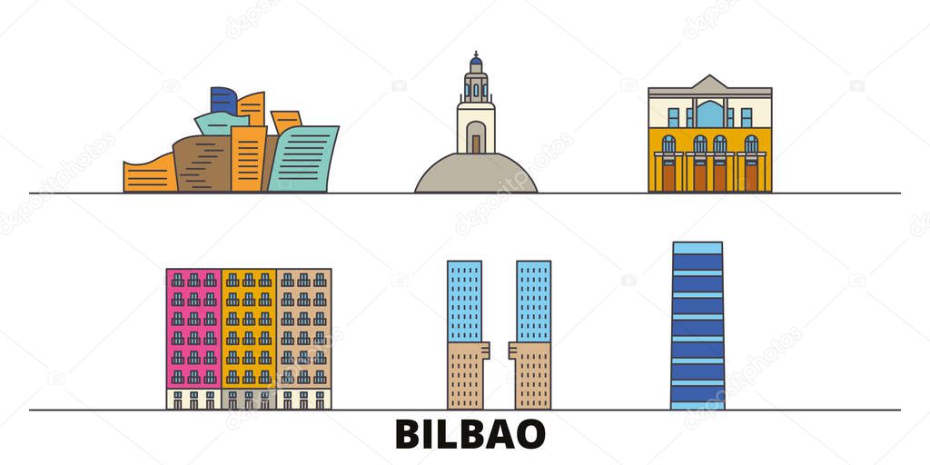 Spain, Bilbao flat landmarks vector illustration. Spain, Bilbao line city with famous travel sights, skyline, design. 