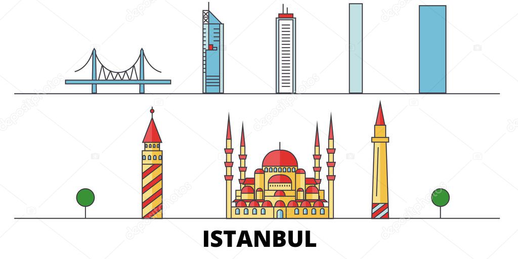 Turkey, Istanbul flat landmarks vector illustration. Turkey, Istanbul line city with famous travel sights, skyline, design. 