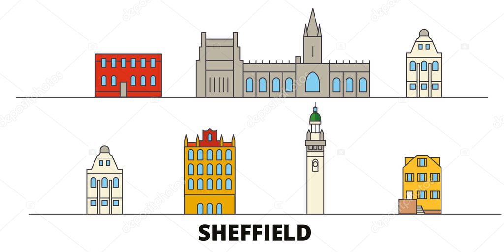 United Kingdom, Sheffield flat landmarks vector illustration. United Kingdom, Sheffield line city with famous travel sights, skyline, design. 