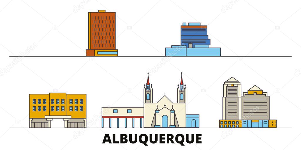 United States, Albuquerque flat landmarks vector illustration. United States, Albuquerque line city with famous travel sights, skyline, design. 