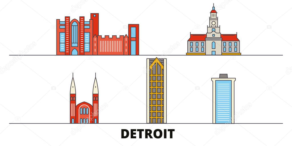 United States, Detroit flat landmarks vector illustration. United States, Detroit line city with famous travel sights, skyline, design. 