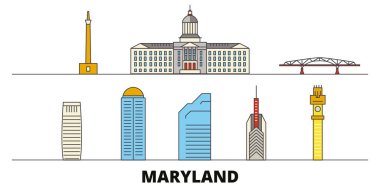 Amerika Birleşik Devletleri, Maryland düz yerlerinden illüstrasyon vektör. Amerika Birleşik Devletleri, Maryland satır şehir ünlü seyahat yerler, manzarası, tasarım ile. 