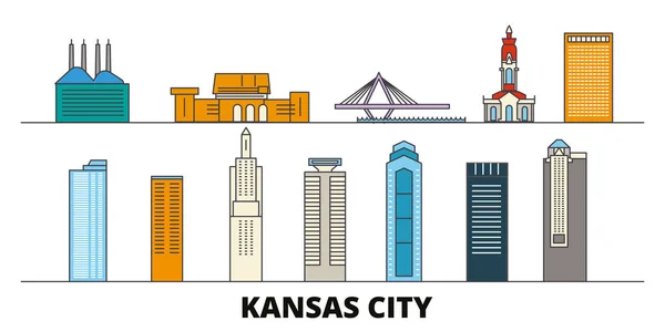 Estados Unidos, Kansas City plana puntos de referencia ilustración vectorial. Estados Unidos, Kansas City ciudad con lugares de interés turístico famosos, horizonte, diseño . — Vector de stock