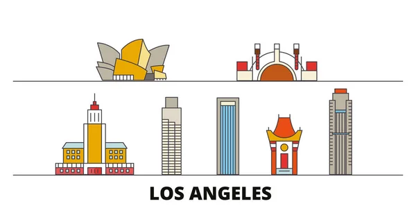 アメリカ合衆国、ロサンゼルスのランドマークのベクトル図をフラットします。アメリカ合衆国、ロサンゼルス線にて有名な旅行観光スポット, スカイライン, デザイン. — ストックベクタ