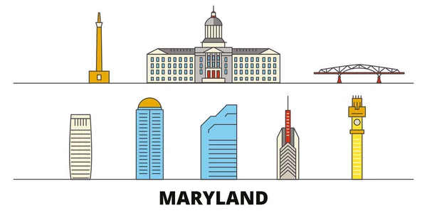 Stati Uniti, Maryland flat landmarks vector illustration. Stati Uniti, Maryland line city con famose attrazioni turistiche, skyline, design . — Vettoriale Stock