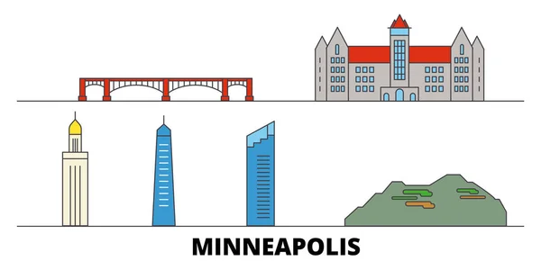 Estados Unidos, ilustración plana del vector de los hitos de Minneapolis. Estados Unidos, ciudad de la línea de Minneapolis con las vistas famosas del recorrido, skyline, diseño . — Vector de stock