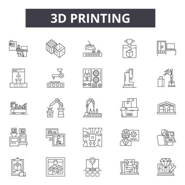 3D baskı satırı simgeler. Düzenlenebilir kontur işaretler. Kavram simgeleri: üretim, teknoloji, 3d, plastik, baskı, tasarım, ekipman vb 3d baskı anahat çizimler