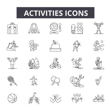 Faaliyet satırı simgeler. Düzenlenebilir kontur işaretler. Kavram simgeleri: aktif insanlar, kadın yaşam tarzı, adam eğlence, mutlu yaz vb. Etkinlikler resimler anahat