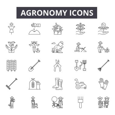 Agronomi satır simgeler. Düzenlenebilir kontur işaretler. Kavram simgeleri: Tarım, tarım, bitki, çiftçi, kırpma, çiftlik sanayi vb. Agronomi anahat çizimler