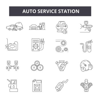 Otomatik servis istasyonu hat simgeleri web ve mobil tasarım için. Düzenlenebilir kontur işaretler. Otomatik servis istasyonu anahat konsept çizimler