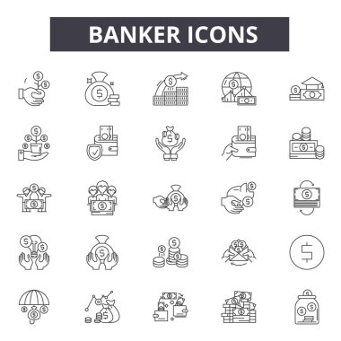 Web ve mobil tasarım için bankacı satır simgeler. Düzenlenebilir kontur işaretler. Bankacı anahat konsept çizimler